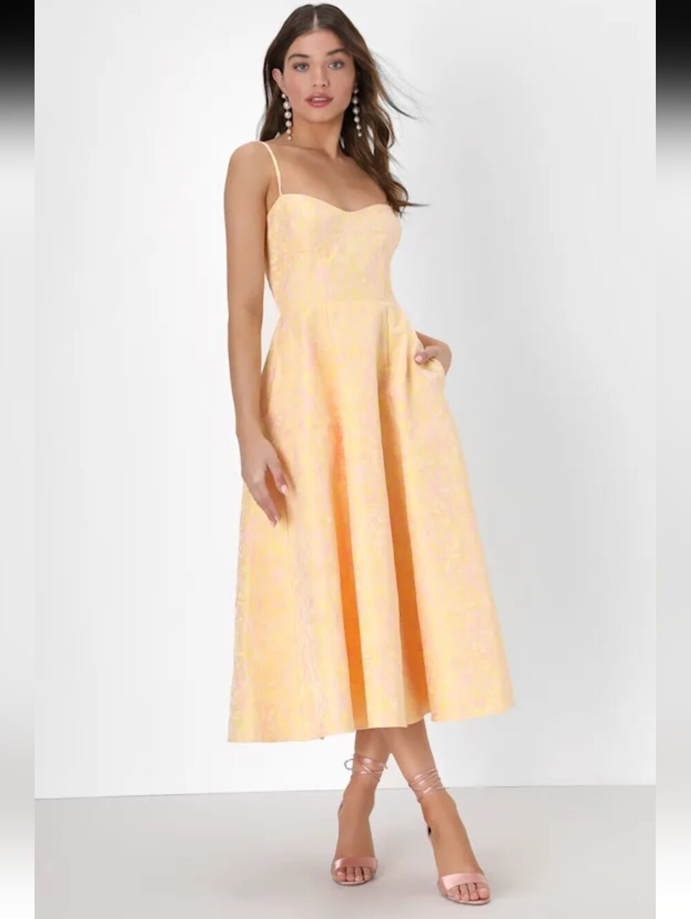Lulu's Yellow Jacquard Floral Bustier Midi Dress Size XS NEW #4G